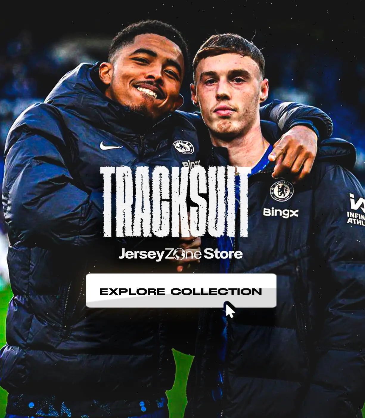 Two people wearing matching blue tracksuits with visible branding, promoting JerseyZone Store.