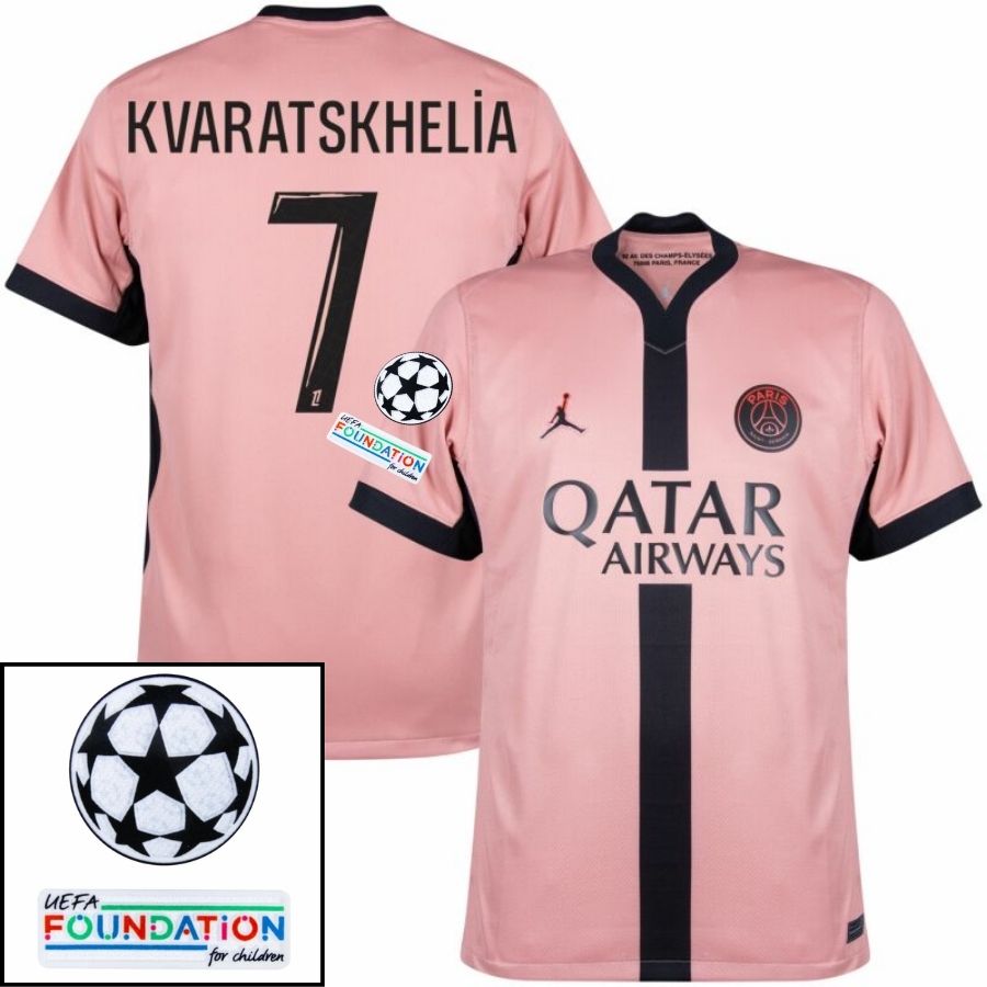 Paris Saint-Germain Kvaratskhelia 7 Fan Jersey Third Jordan 2023/24 Patches UCL UEFA Foundation (Official Printing)