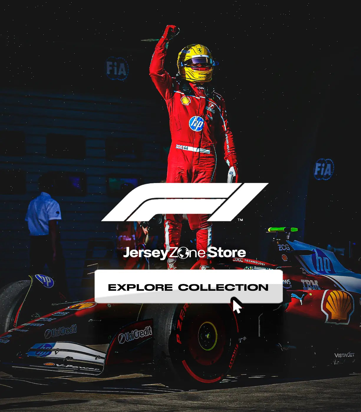 Person in red racing suit and helmet standing on a Formula 1 car with 'Jersey Zone Store' and 'Explore Collection' text overlay.