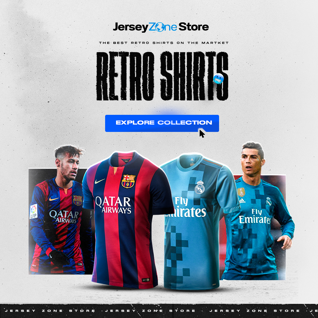 Advertisement for Jersey Zone Store featuring retro shirts with brand logos.