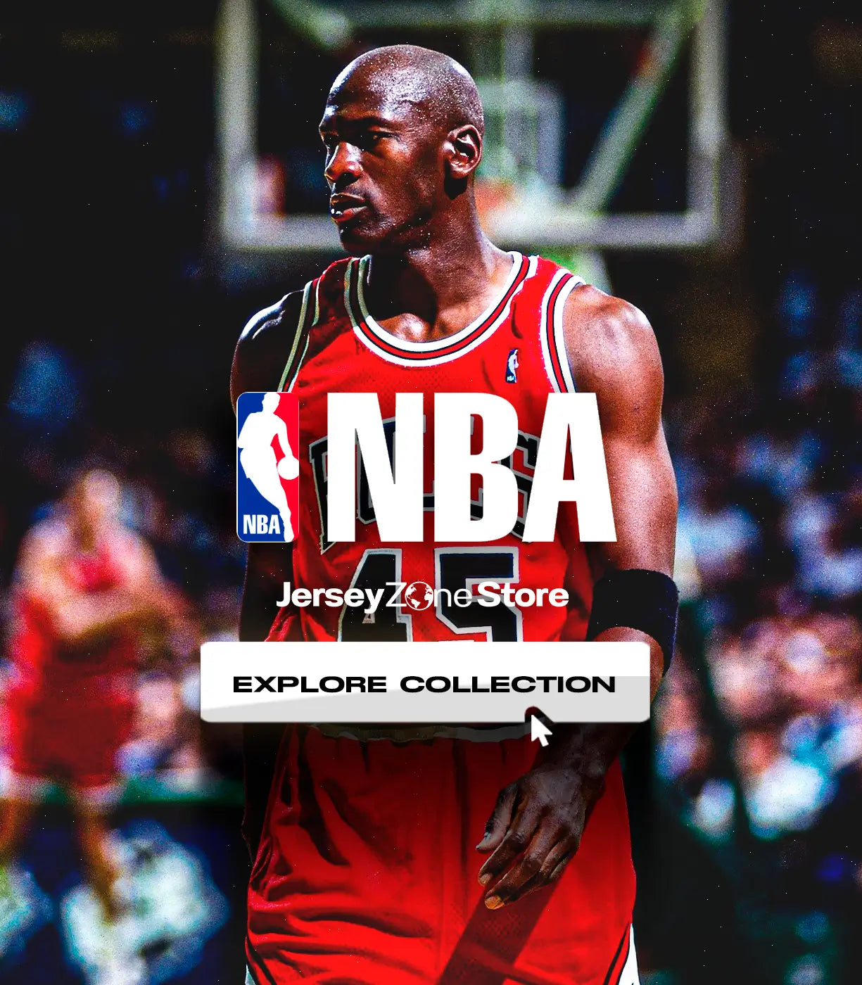 Basketball player in a red jersey with NBA branding, featuring 'Explore Collection' text.
