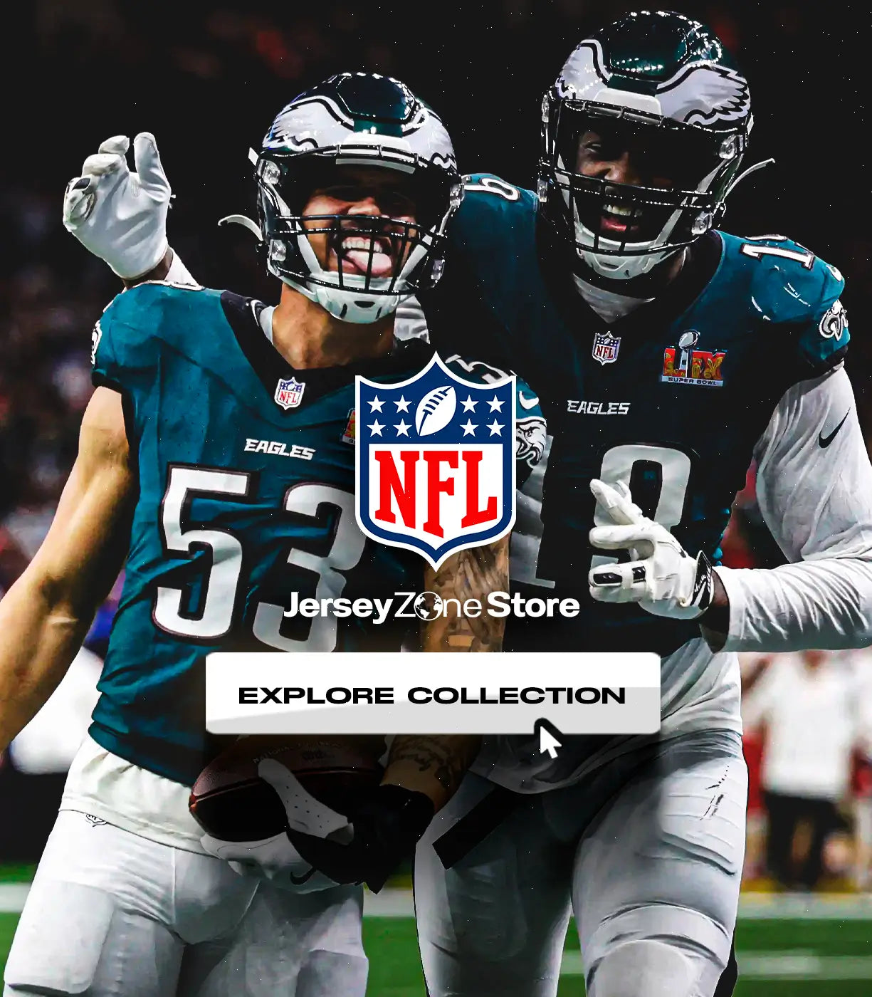 Two football players in Eagles jerseys with NFL logo and 'Jersey Zone Store' text overlay.
