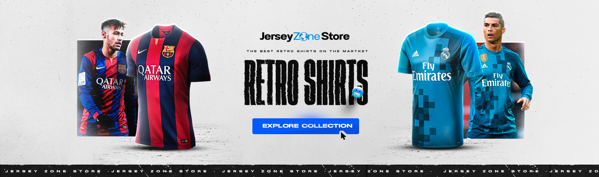 Promotional banner for a jersey store with retro shirts featuring soccer players and teams.