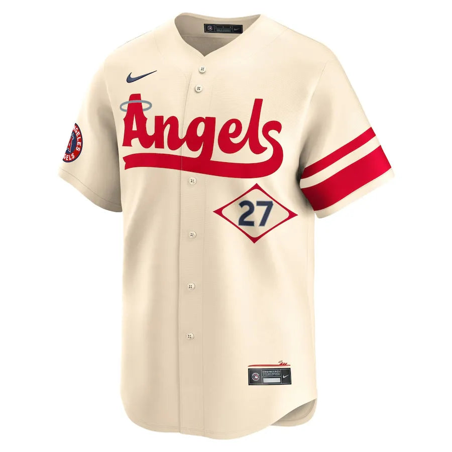 Jersey MLB Los Angeles Angels Nike Cream City Connect Torcedor Masculina Bege Mike Trout 27