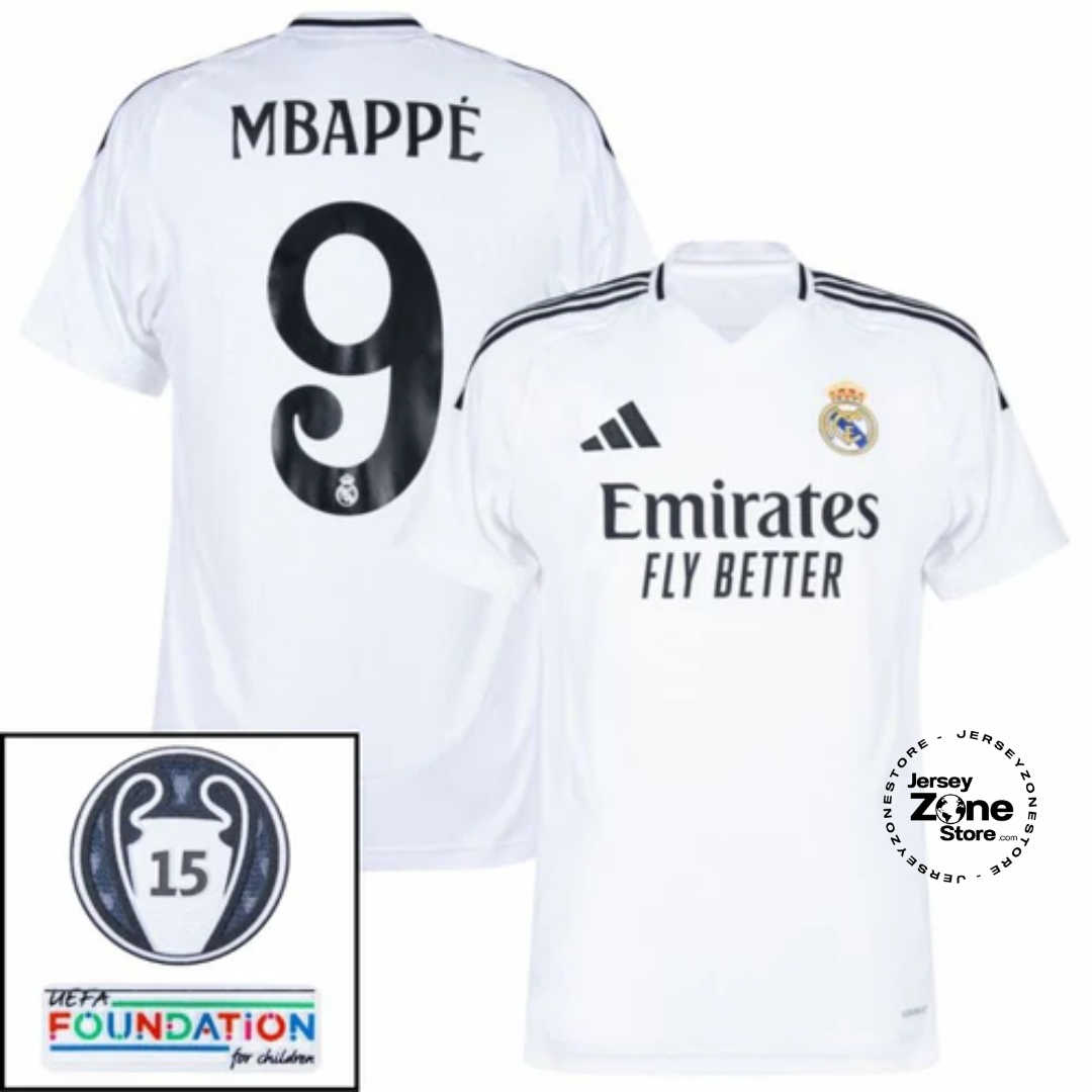 Real Madrid Mbappé 9 Home Fan Jersey 2024/25 Patches UCL UEFA Foundation (Official Printing)
