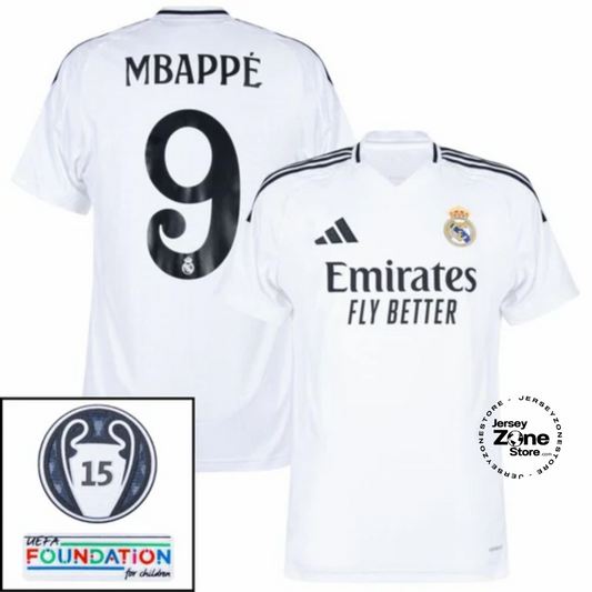 Real Madrid Mbappé 9 Home Fan Jersey 2024/25 Patches UCL UEFA Foundation (Official Printing)