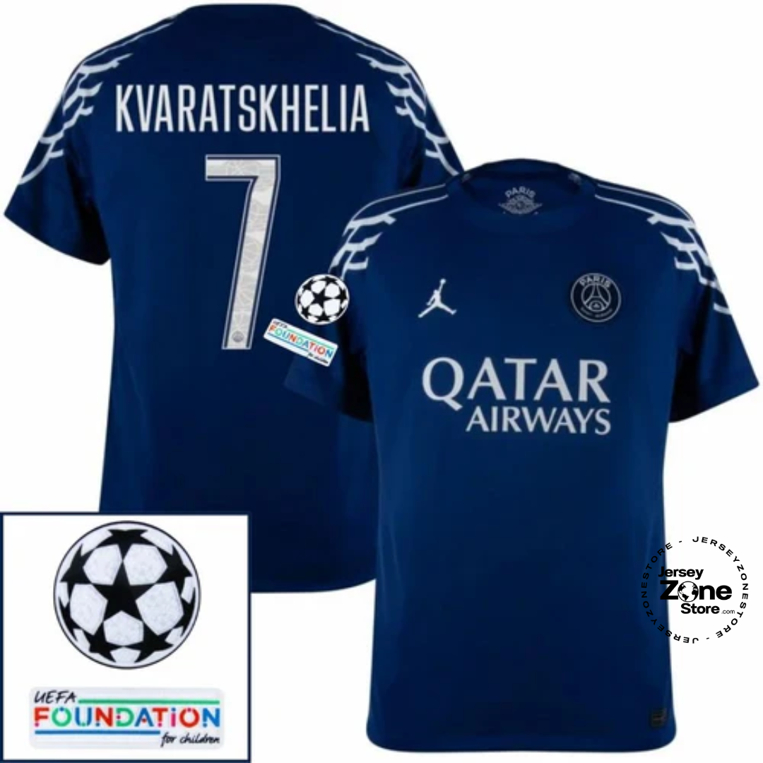 Paris Saint-Germain Kvaratskhelia 7 Fan Jersey Fourth Jordan 2024/25 Patches UCL UEFA Foundation (Official Printing)