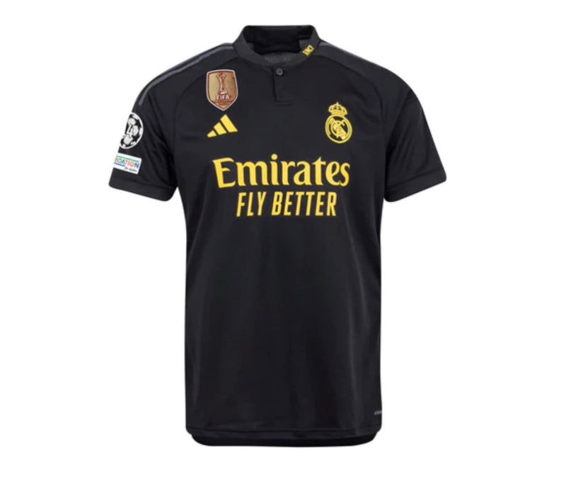 CAMISA REAL MADRID III COM PATCH CHAMPIONS LEAGUE + CWC 23/24 - PRETO E AMARELO