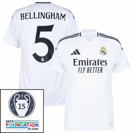 Real Madrid Bellingham 5 Home Fan Jersey 2024/25 Patches UCL UEFA Foundation (Official Printing)