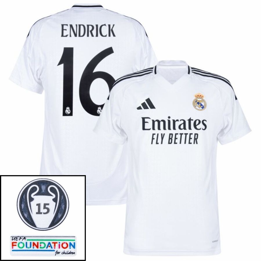 Real Madrid Endrick 16 Home Fan Jersey 2024/25 Patches UCL UEFA Foundation (Official Printing)