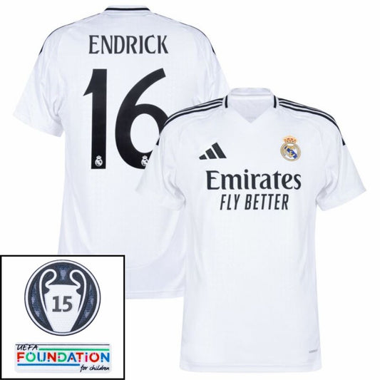 Real Madrid Endrick 16 Home Fan Jersey 2024/25 Patches UCL UEFA Foundation (Official Printing)