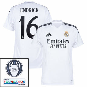 Real Madrid Endrick 16 Home Fan Jersey 2024/25 Patches UCL UEFA Foundation (Official Printing)