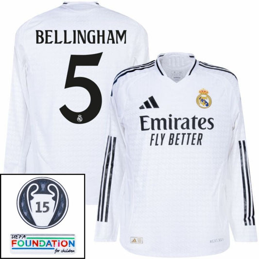 Real Madrid Bellingham 5 Home Fan Jersey Long Sleeve 2024/25 Patches UCL UEFA Foundation (Official Printing)