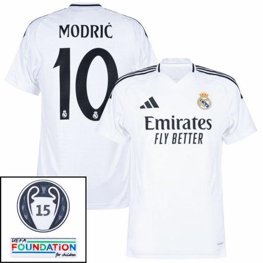 Real Madrid Modric 10 Home Fan Jersey 2024/25 Patches UCL UEFA Foundation (Official Printing)