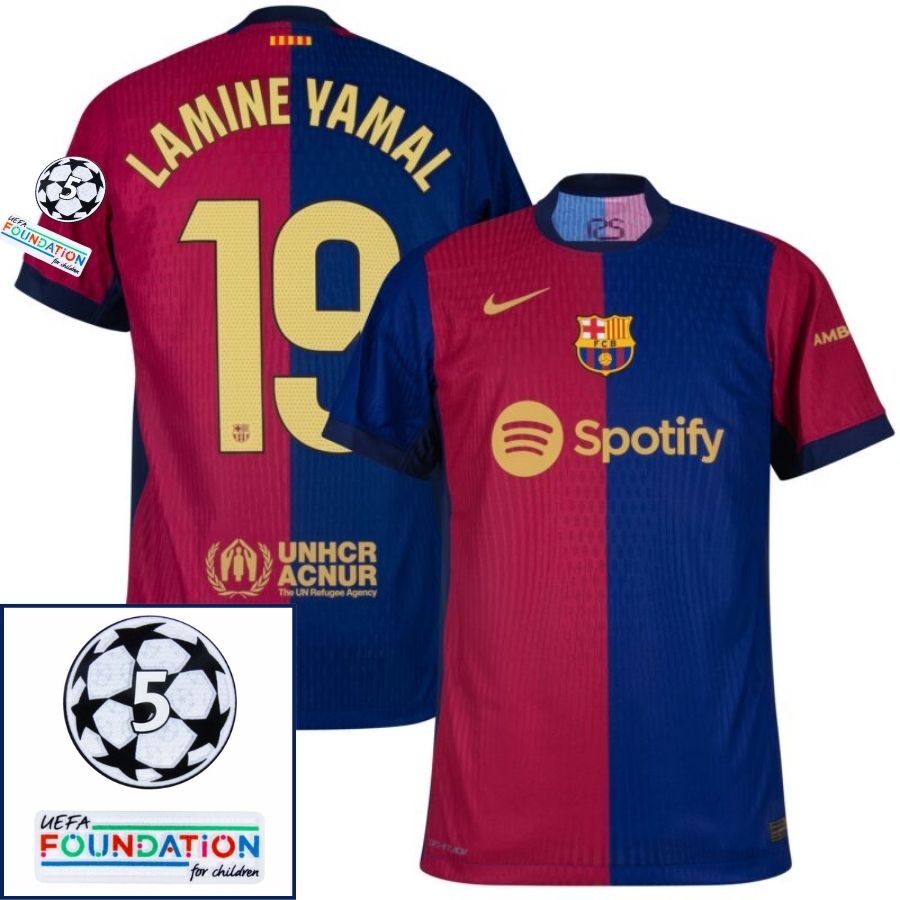 Barcelona Lamine Yamal 19 Home 2024/25 Patches UCL UEFA Foundation (Official Printing) - Jersey Zone