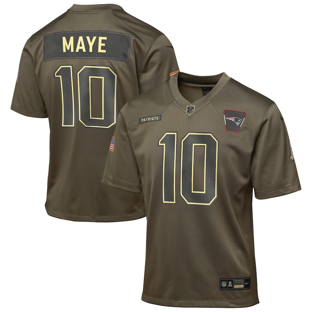 New England Patriots Drake Maye  Olive 2025 Salute to Service Game Jersey NFL