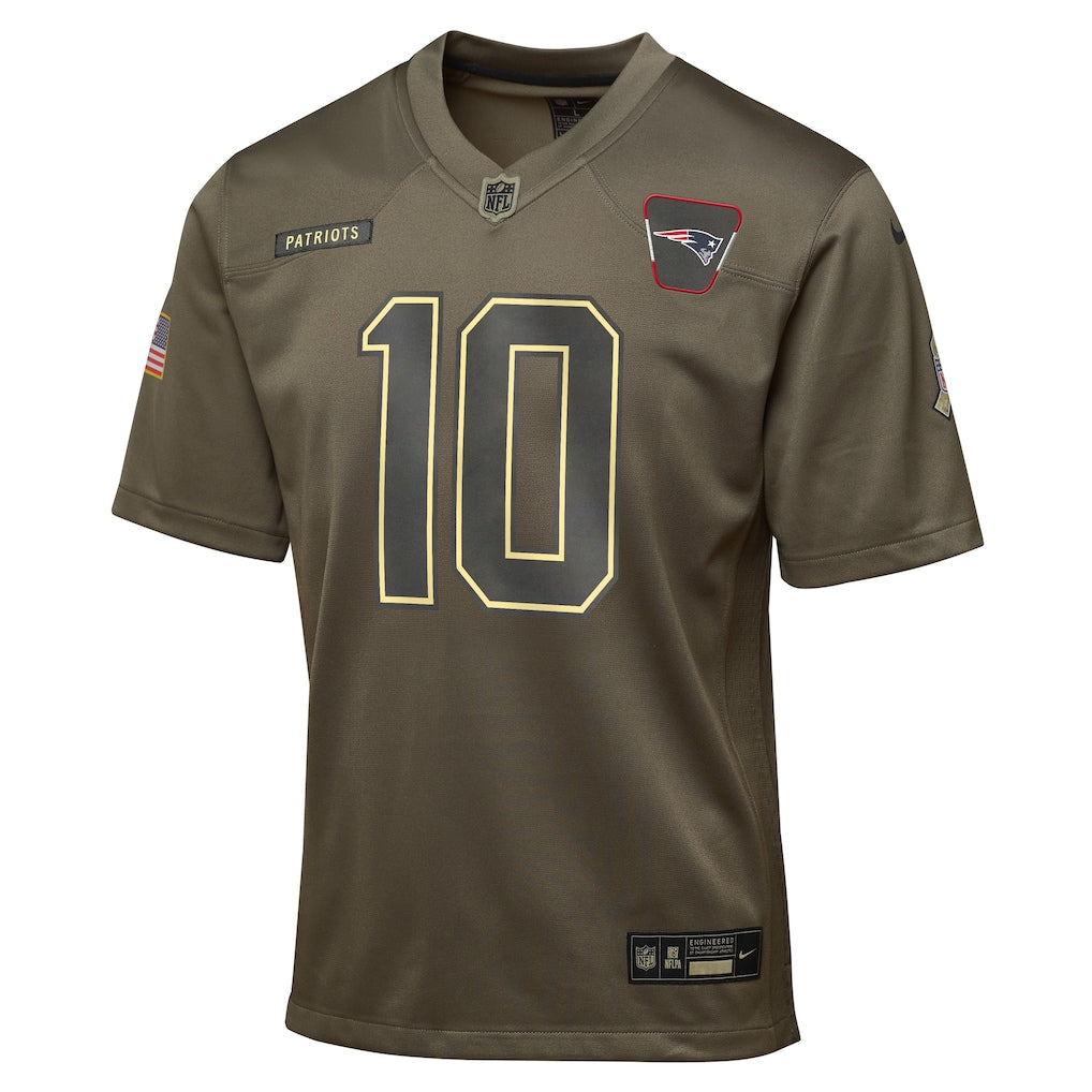 New England Patriots Drake Maye Nike Olive 2025 Salute to Service Game Jersey NFL