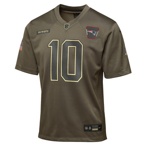New England Patriots Drake Maye Nike Olive 2025 Salute to Service Game Jersey NFL