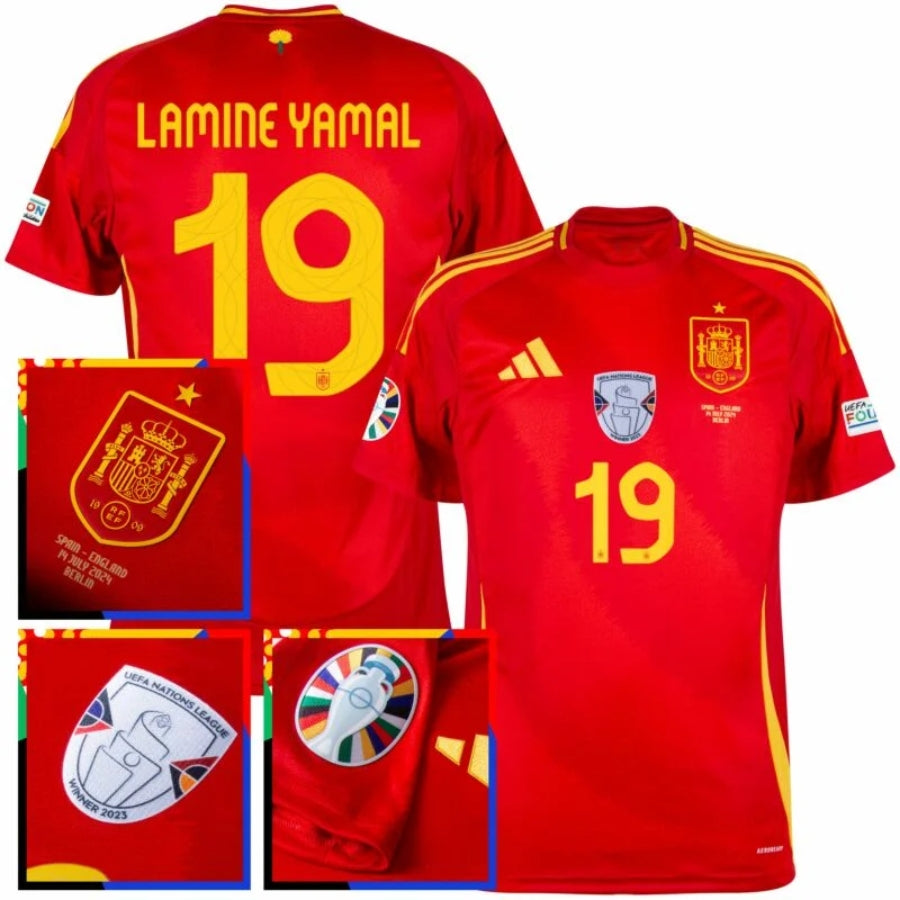 Spain Lamine Yamal 19 Home Fan Jersey 2025/26 Euro 2024 & Foundation Tournament Patches (Official Printing)