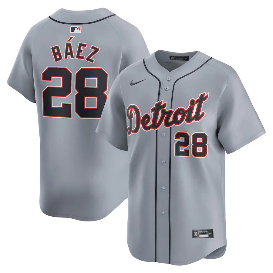 Jersey MLB Detroit Tigers Gray Nike Javier Baez 28 Road Limited Torcedor Masculina Cinza