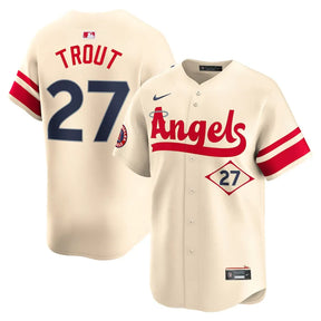 Jersey MLB Los Angeles Angels Nike Cream City Connect Torcedor Masculina Bege Mike Trout 27