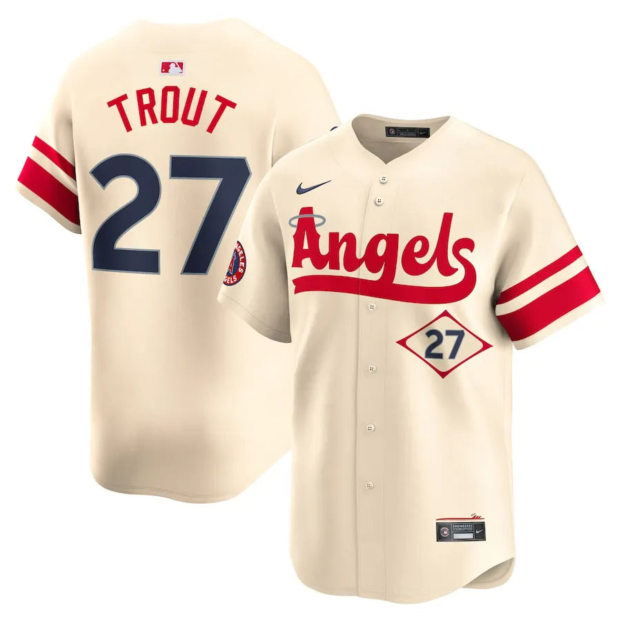 Jersey MLB Los Angeles Angels Nike Cream City Connect Torcedor Masculina Bege Mike Trout 27
